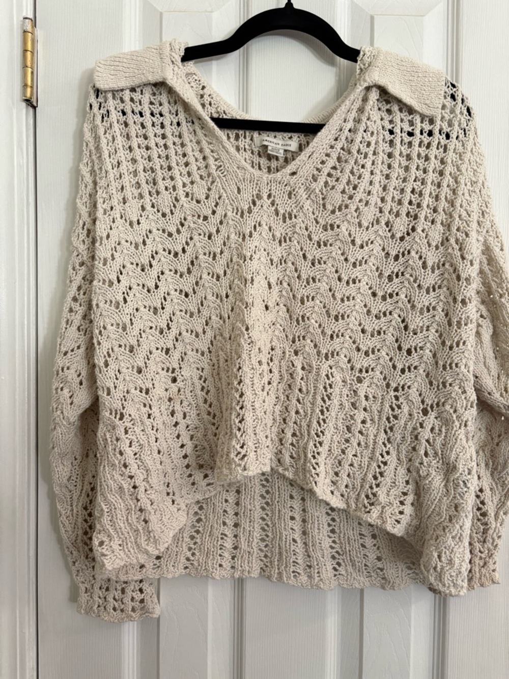 American Eagle Outfitters Cream Open-Knit V-Neck Sweater with Collar